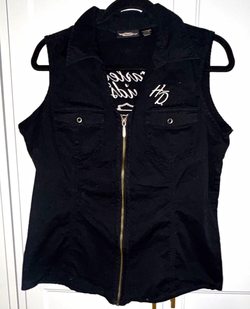 Harley-Davidson Black Zip Front Sleeveless Vest Blouse Embroidered Back Pink